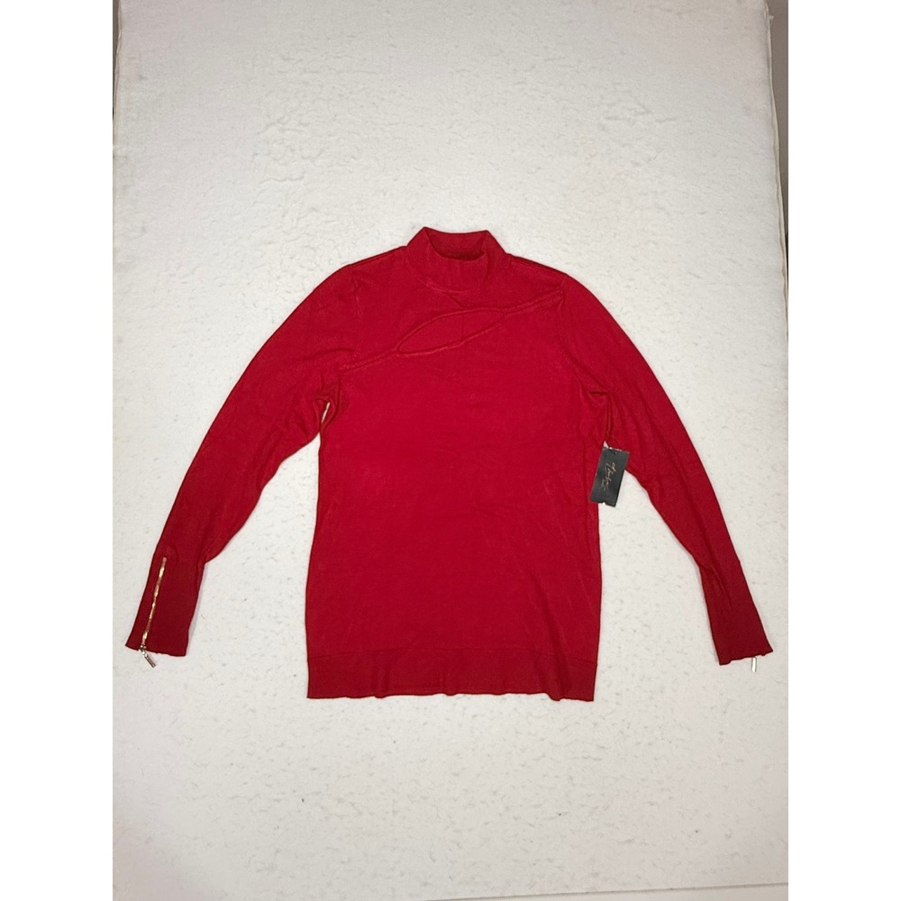 Thalia Sodi Womens Red Mock Neck Asymmetrical Cutout Zipper Cuff Sweater Size M